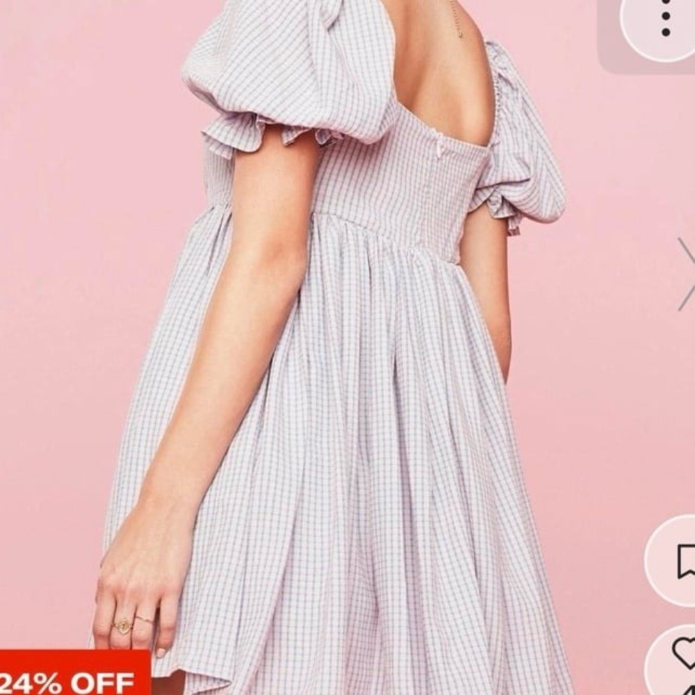 Pink Gingham Puff Sleeve Mini Dress with Square Back